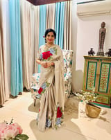 Silver Kanchi Brocade Tissue Saree with Statement Floral Embroidered Roses SS50142