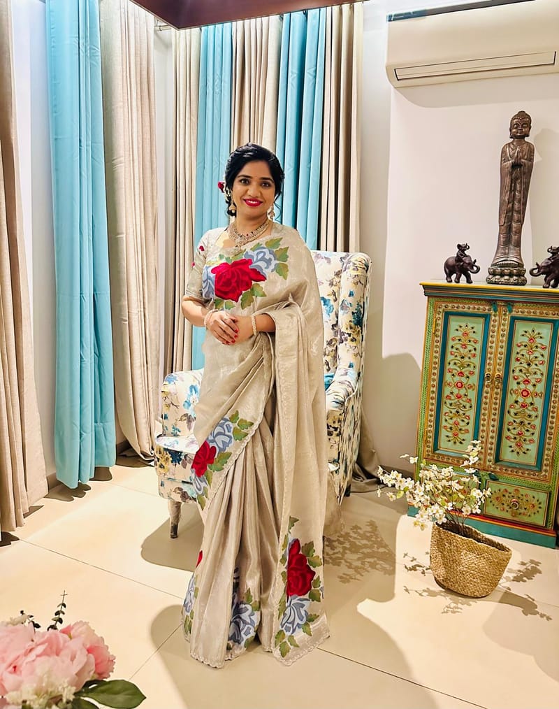 Silver Kanchi Brocade Tissue Saree with Statement Floral Embroidered Roses SS50142