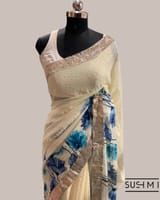 Pure Gorgette Saree with floral printed border and pallu hemlined with gota lace SS5071