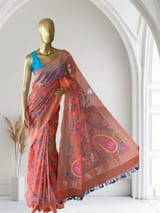 Orange Real Zari  Banarasi Cotton Jamdani Saree
