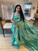 Teal Tissue Gorgette saree with sabyasachi borders and allover pitawork blouse SS50443