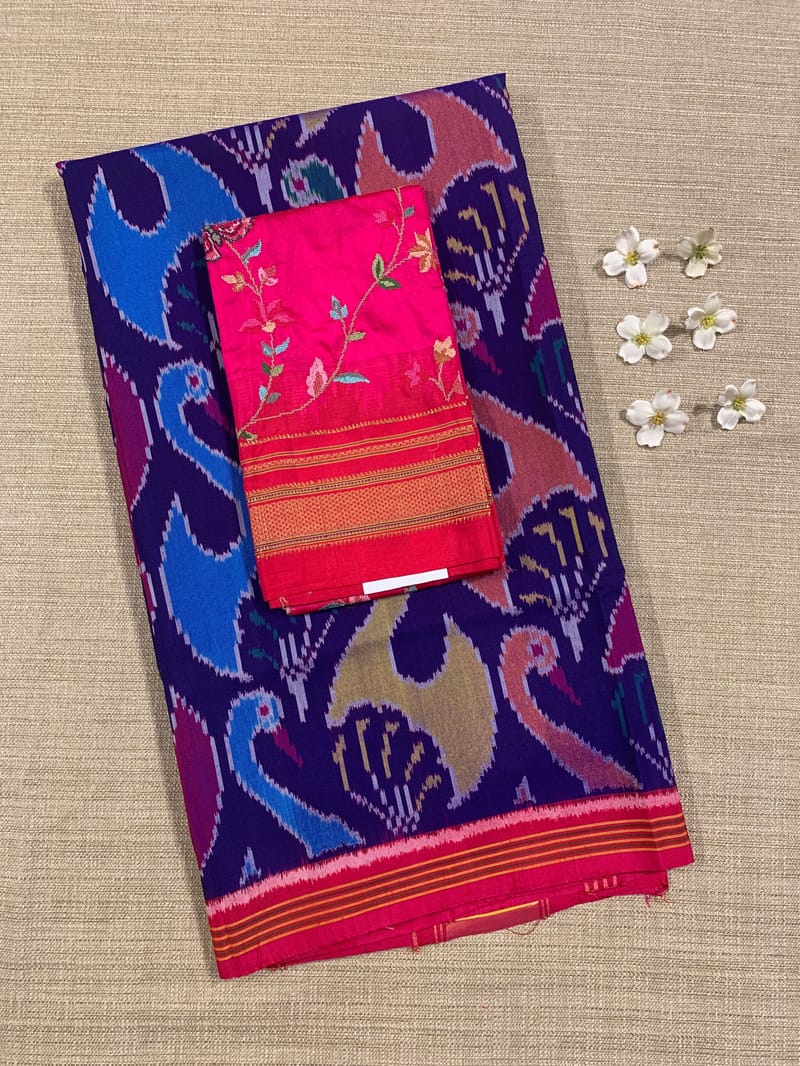 Purplish Blue and Reddish Pink Patan Patola Saree with Statement Swan Pattern SS50352