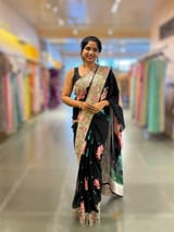 Black Printed georgette Saree With statement Lotus print & Tissue Embroidered Border SS5060