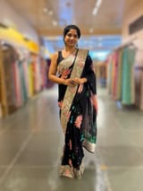 Black Printed georgette Saree With statement Lotus print & Tissue Embroidered Border SS5060