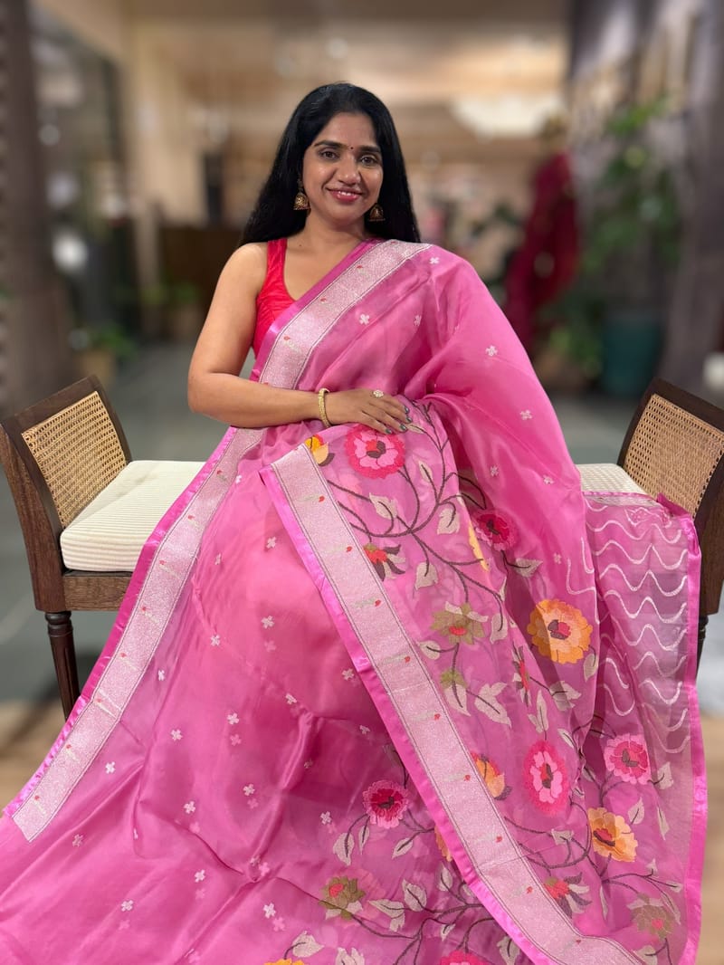 Light Rose Pink Organza Silk Saree With Jamdani Inspired Embroidery SS50327