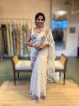Ivory Organza Saree with Allover Floral Sequence Work & Parsi Embroidered Border SS50326