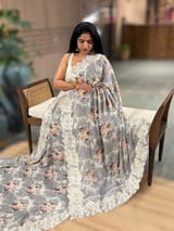 Grey Gorgette Printed Saree With Chatilly Lace Style Cutwork embroidered Border SS5059
