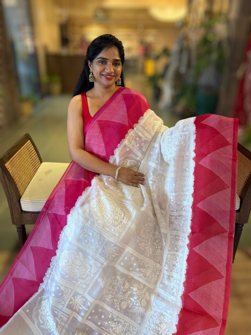 Organza Chikankari Embroidery Saree With Ganga Jamuna Bandhini Temple Borders SS50325