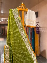 Moong Dal Green Pure Gajji Silk Kutch Bandhej Saree with Parsi Gara Embroidery SS50487
