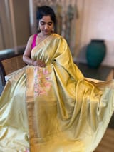 Pale Gold Green Kanchi Silk Saree in With  Parsi Gara  Embroidered Border SS50138