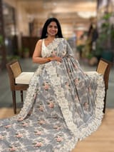 Grey Gorgette Printed Saree With Chatilly Lace Style Cutwork embroidered Border SS5059