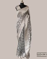 Silverish Grey Banarasi Katan Silk Saree with Allover Floral Jaal Weaving Blouse SS50565