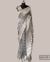 Silverish Grey Banarasi Katan Silk Saree with Allover Floral Jaal Weaving Blouse SS50565