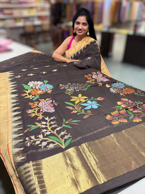 Darkest Brown Pure Handloom Ponduru Khadi Jamdani Saree with Heavy Pallu