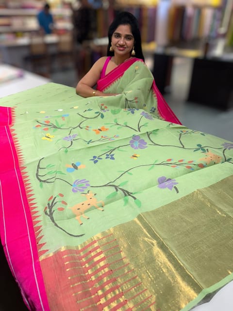Pista Green Pure Handloom Ponduru Khadi Jamdani Saree