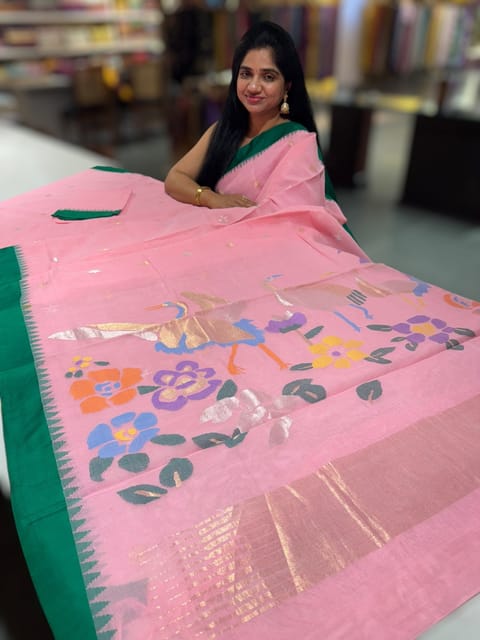 Lotus Pink Pure Handloom Ponduru Khadi Jamdani Saree with Swan Pallu