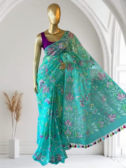 Seagreen Real Zari Jamdani Saree