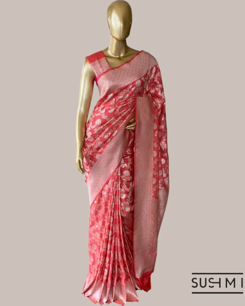 Kanakambaram Colour Banarasi Katan Silk Saree with All-Over Floral Creeper Jaal