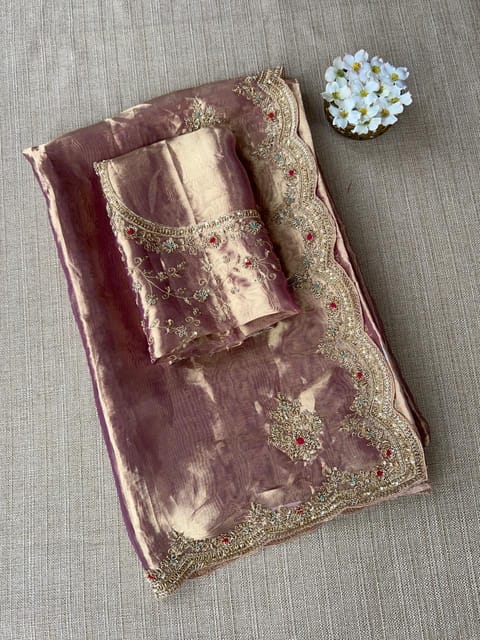 Purple Tissue Saree with Handwork Border and Blouse