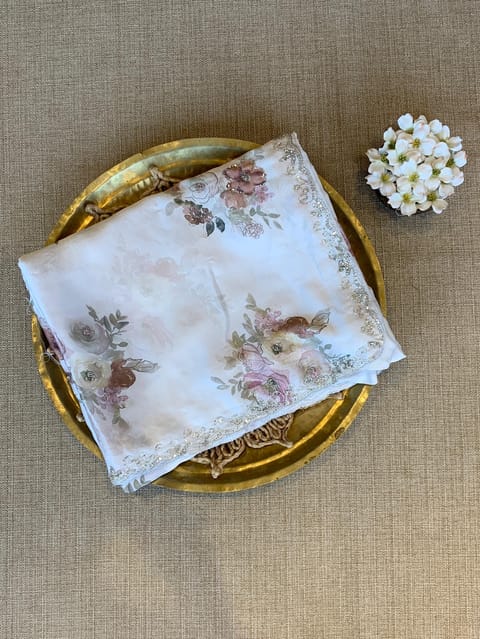 White Pure Chinnon Satin Crepe Saree with Floral Print & Handwork Borders