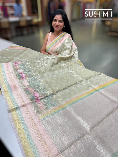Pista Kora Banarasi Saree with Rangkaat Borders