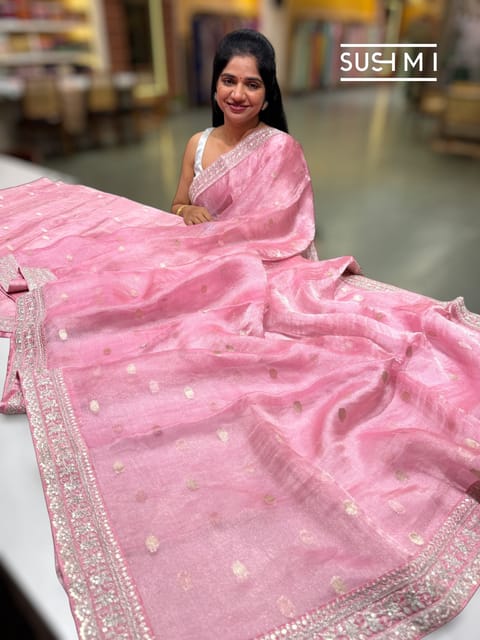 Baby Pink Banarasi Tissue Saree with Polka Dots
