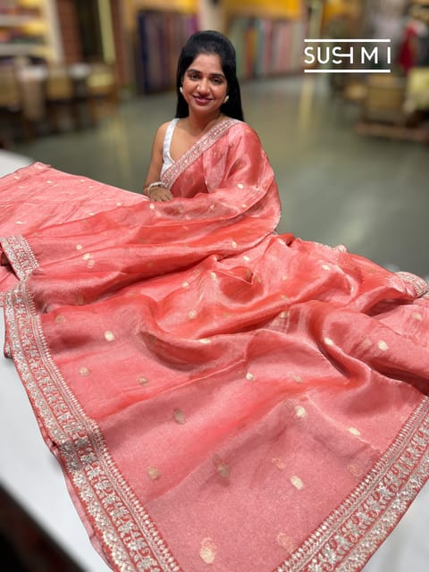 Coral Banarasi Tissue Saree with Zari Polka Dots