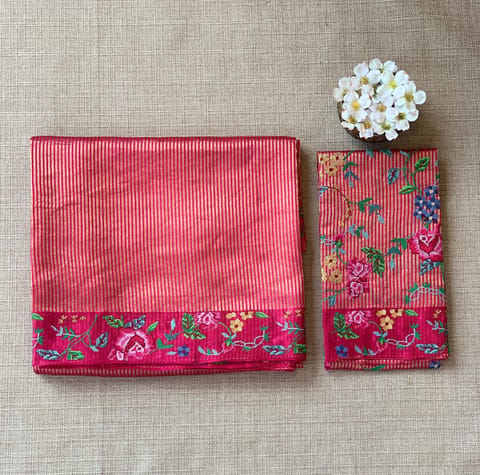 Ruby Pink Banarasi Tissue Stripes with Petite Point Embroidery