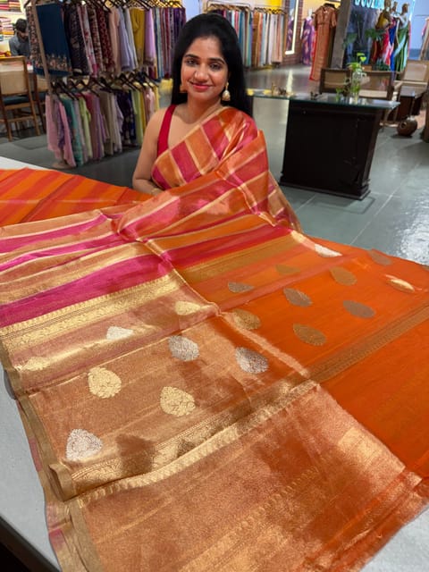 Orange and Pink Rangkaat Banarasi Handloom Tissue Stripe Saree