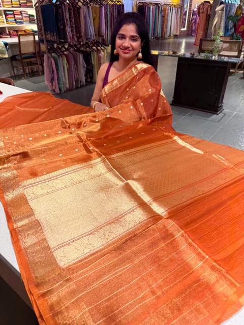 Rust Orange Banarasi Handloom Tissue Saree