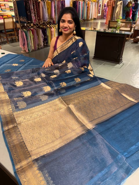 Peacock Blue Banarasi Handloom Tissue Saree