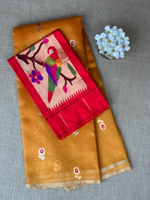 Orange Handloom Banarasi Tissue Saree with Meenakari Sona Rupa Flower Motifs