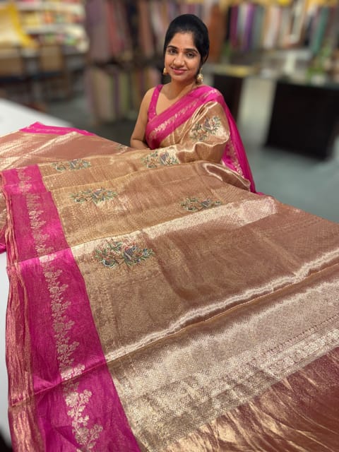 Pink Banarasi Brocade Tissue with Embroidery