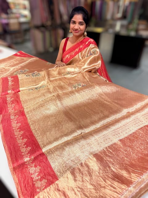 Red Banarasi Brocade Tissue with Embroidery