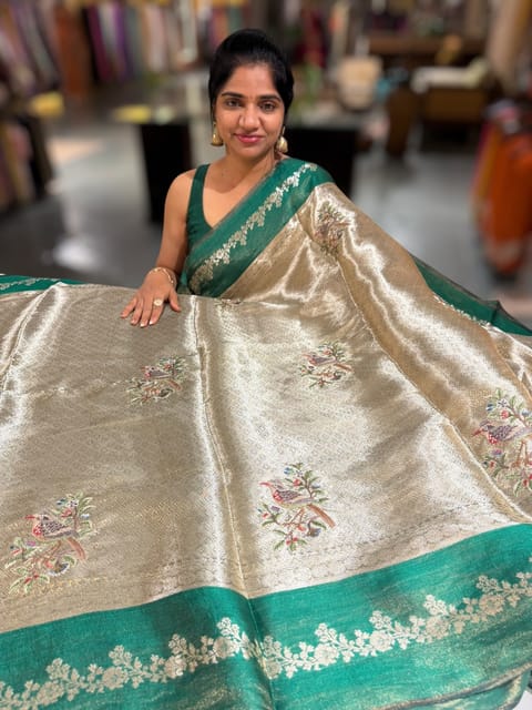 Emerald Green Banarasi Brocade Tissue with Embroidery