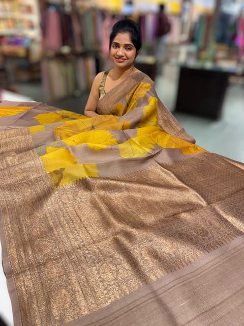 Light Brown Printed Banarasi Tussar Saree