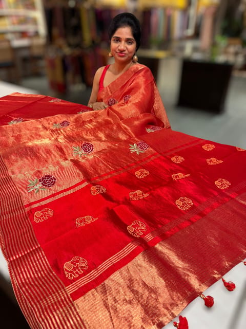 Red Banarasi Silk Tissue Saree with Stripes and Embroidery