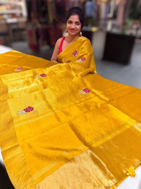 Yellow Banarasi Silk Tissue Saree with Stripes and Embroidery