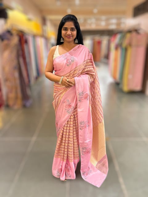 Lotus Pink Banarasi Tissue Saree with Swan Embroidery