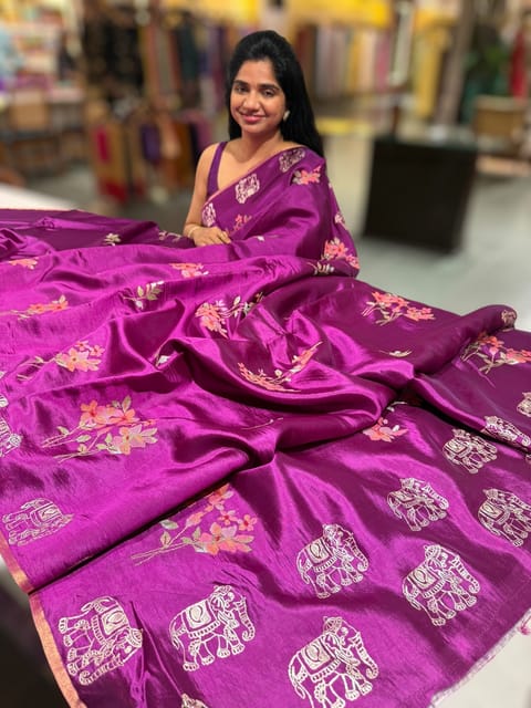 Magenta Banarasi Silk Saree with Petite Point & Pita Embroidery
