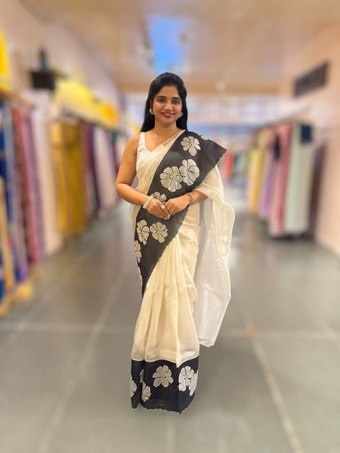 Silver Banarasi Tissue Saree with Organza Applique Work Border