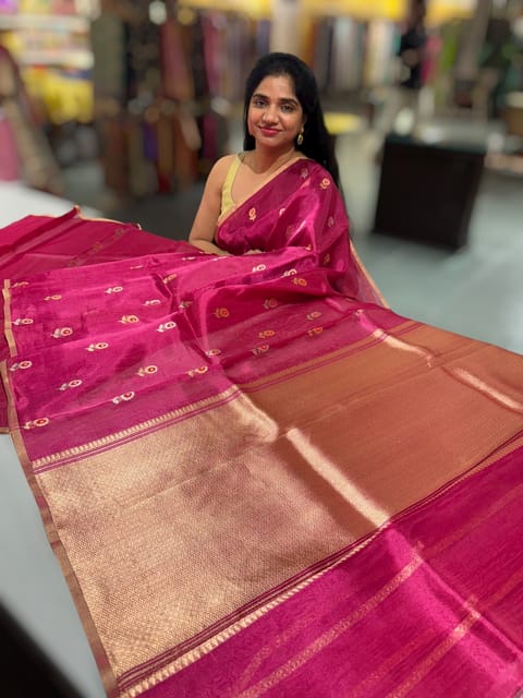 Ruby Pink Handloom Banarasi Tissue with Meenakari Sona Rupa Flower Motifs