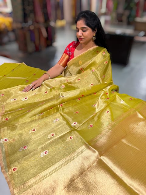 Apple Green Handloom Banarasi Tissue with Meenakari Sona Rupa Flower Motifs