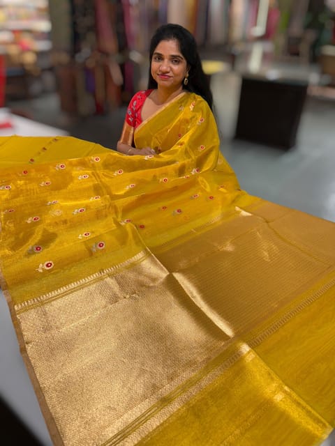 Yellow Gold Handloom Banarasi Tissue with Meenakari Sona Rupa Flower Motifs