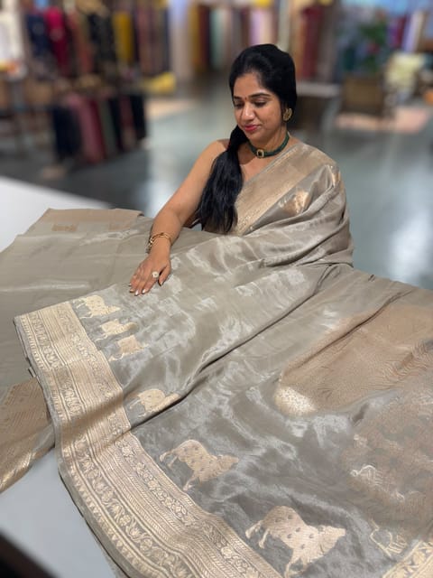 Olive Designer Banarasi Munga Tissue Saree with Pichwai Weaving