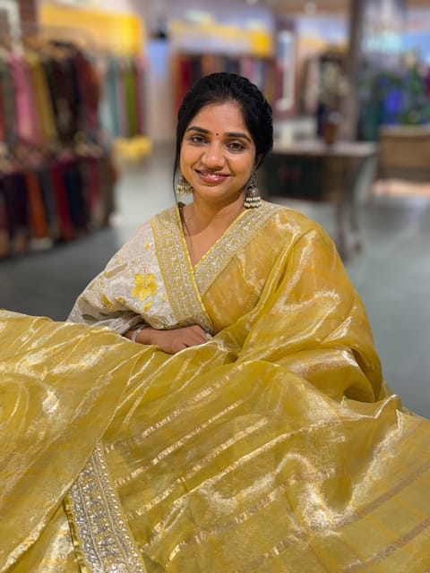 Lemon Yellow Banarasi Tissue Checks Saree with Statement Borders