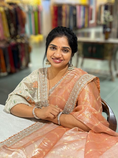 Peach Banarasi Tissue Checks Saree with Statement Borders
