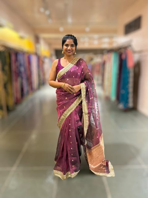 Wine Pure Handloom Banarasi Tissue Saree Hemlined with Statement Fringe Laces