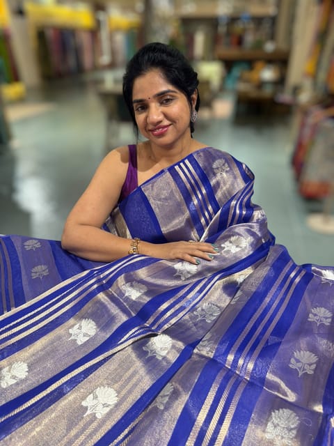 Royal Blue Banarasi Handloom Kora Tissue Stripes Saree with All-Over Kaduwa Woven Lotus Motifs