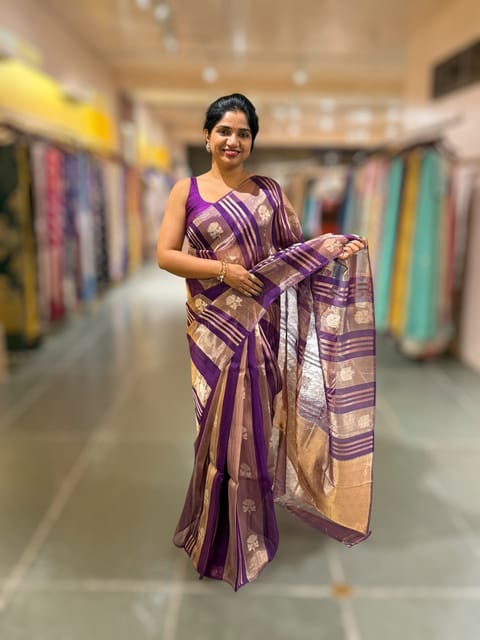 Purple Banarasi Handloom Kora Tissue Stripes with Allover Kaduwa Woven Lotus Motifs